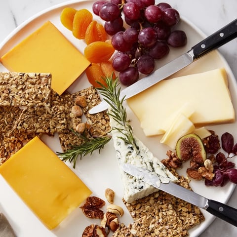 Delectable open house cheese & cracker spread, brimming with tempting cheeses and colorful crackers for guests.