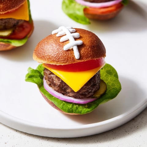 A sizzling American Football Oval Burger Platter, stacked high with juicy mini burgers and melted cheese.