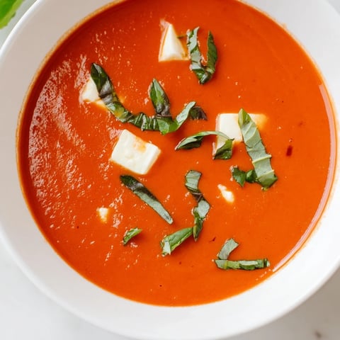 A comforting bowl of creamy tomato mozzarella soup, garnished with fresh basil for dinner.