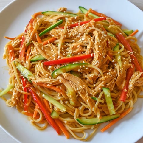 Chilled Chicken Noodle Salad: A vibrant bowl of chilled noodles and chicken, drizzled with sesame dressing.