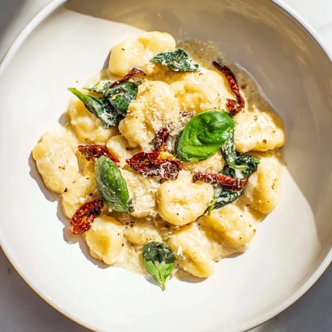Golden, creamy Tuscan gnocchi with spinach, sun-dried tomatoes, ready to serve with Parmesan.