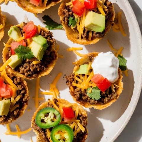 Golden-brown mini taco cups filled with seasoned beef, melted cheese, and fresh toppings.