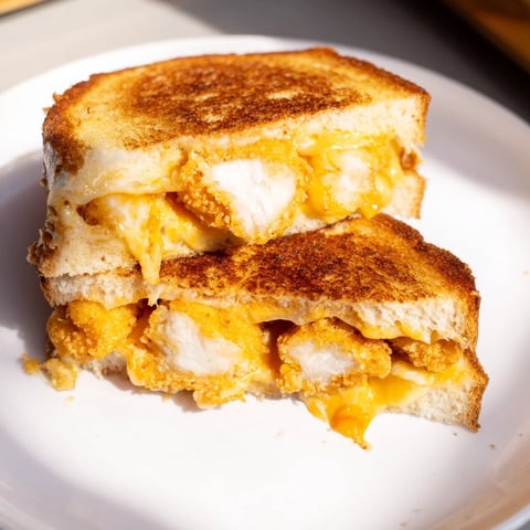 Golden, crispy Chicken Nugget Grilled Cheese sandwich oozing melted cheddar, a kid-friendly treat.