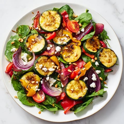 Vibrant roasted vegetable salad, with colorful, tender vegetables artfully arranged on fresh greens.