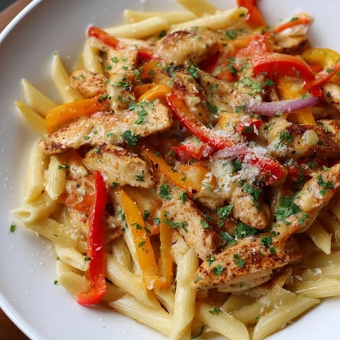Cajun Chicken Pasta with vibrant peppers and creamy sauce, ready for a delicious dinner.
