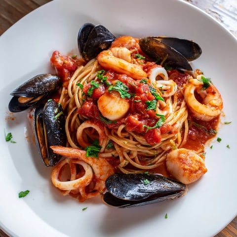 Seafood Marinara Pasta: vibrant pasta dish with juicy shrimp and mussels in rich tomato sauce.
