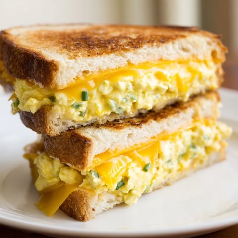 Golden-brown Egg Salad Grilled Cheese sandwich, cheese oozing, a delightful lunchtime meal or snack.