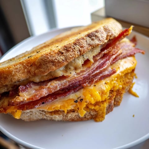 Crispy Bacon Cheddar Grilled Cheese, golden and oozing, is a quick, delightful American lunch treat, perfect with tomato soup.