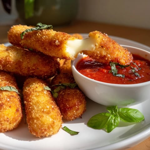 Golden brown air fryer mozzarella sticks with melted cheese, ready to be dipped in marinara sauce.