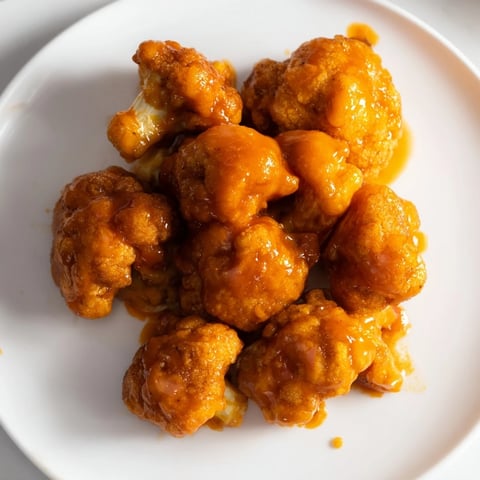 Golden-brown, crispy Buffalo Cauliflower Bites ready to be tossed in a vibrant, spicy buffalo sauce.