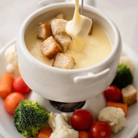 Golden, bubbly Swiss Cheese Fondue, ready for dipping bread and veggies, a cozy dinner.
