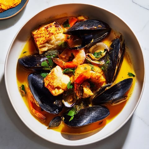 Steaming hot bouillabaisse, a vibrant Provençal fish stew, served with crusty bread and rouille.
