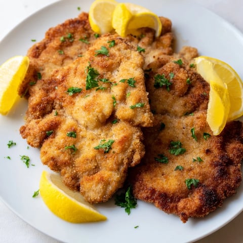 Golden-brown Austrian Wiener Schnitzel, crispy breading encasing tender, juicy veal cutlet, served with lemon.