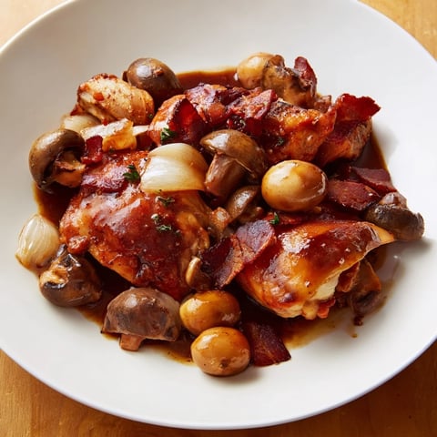 Tender Coq au Vin, a French classic, boasts rich flavors of red wine and savory bacon.