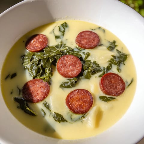 Steaming hot Portuguese Caldo Verde soup, vibrant green kale with spicy chorizo, ready to serve.