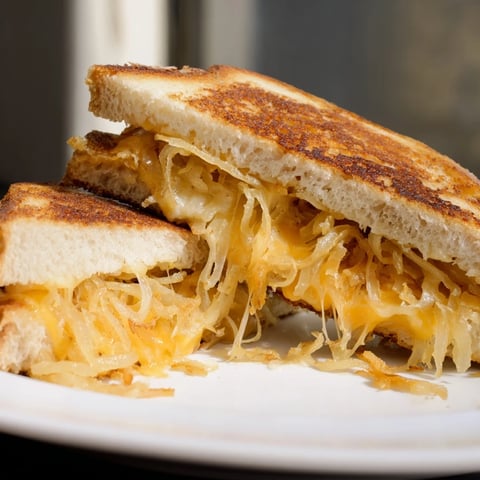 Golden and crispy, the Crispy Onion Grilled Cheese melts cheddar and mozzarella inside toasted bread.