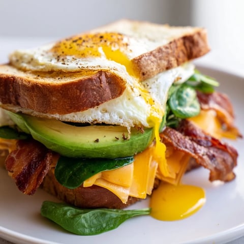 Loaded breakfast sandwich, with warm, melted cheese dripping over crisp bacon and a fried egg.