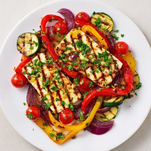 Golden-brown Grilled Halloumi Cheese Steak, layered with colorful grilled vegetables, ready to eat.