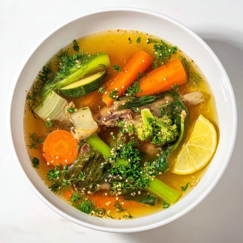 Steaming Collagen-Boosting Broth Bowl filled with golden turmeric broth, crisp carrots, and tender broccoli florets.