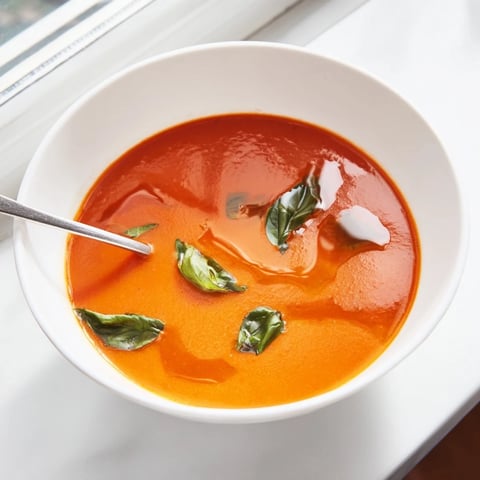 A steaming bowl of creamy Tomato and Basil Soup, garnished with fresh basil and a drizzle of olive oil, served beside a slice of crusty bread.
