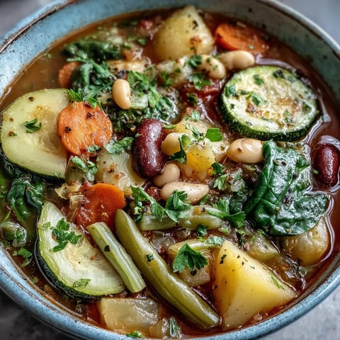 Hearty Minestrone Vegetable Soup brimming with tender beans, pasta, and herbs.