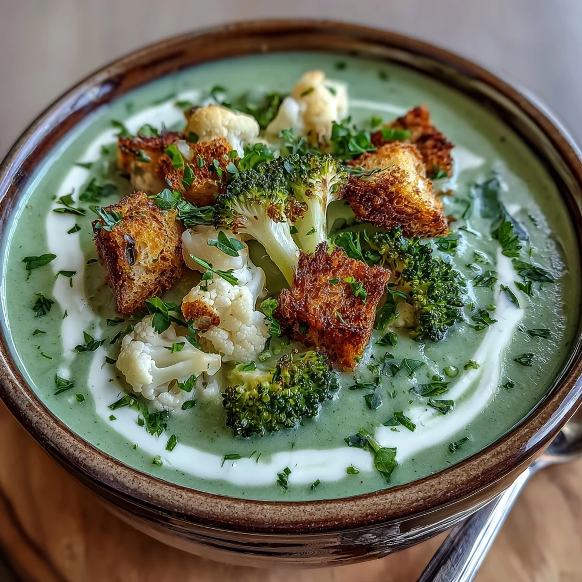 Creamy cauliflower and broccoli soup with crunchy croutons, a warming, vibrant bowl.