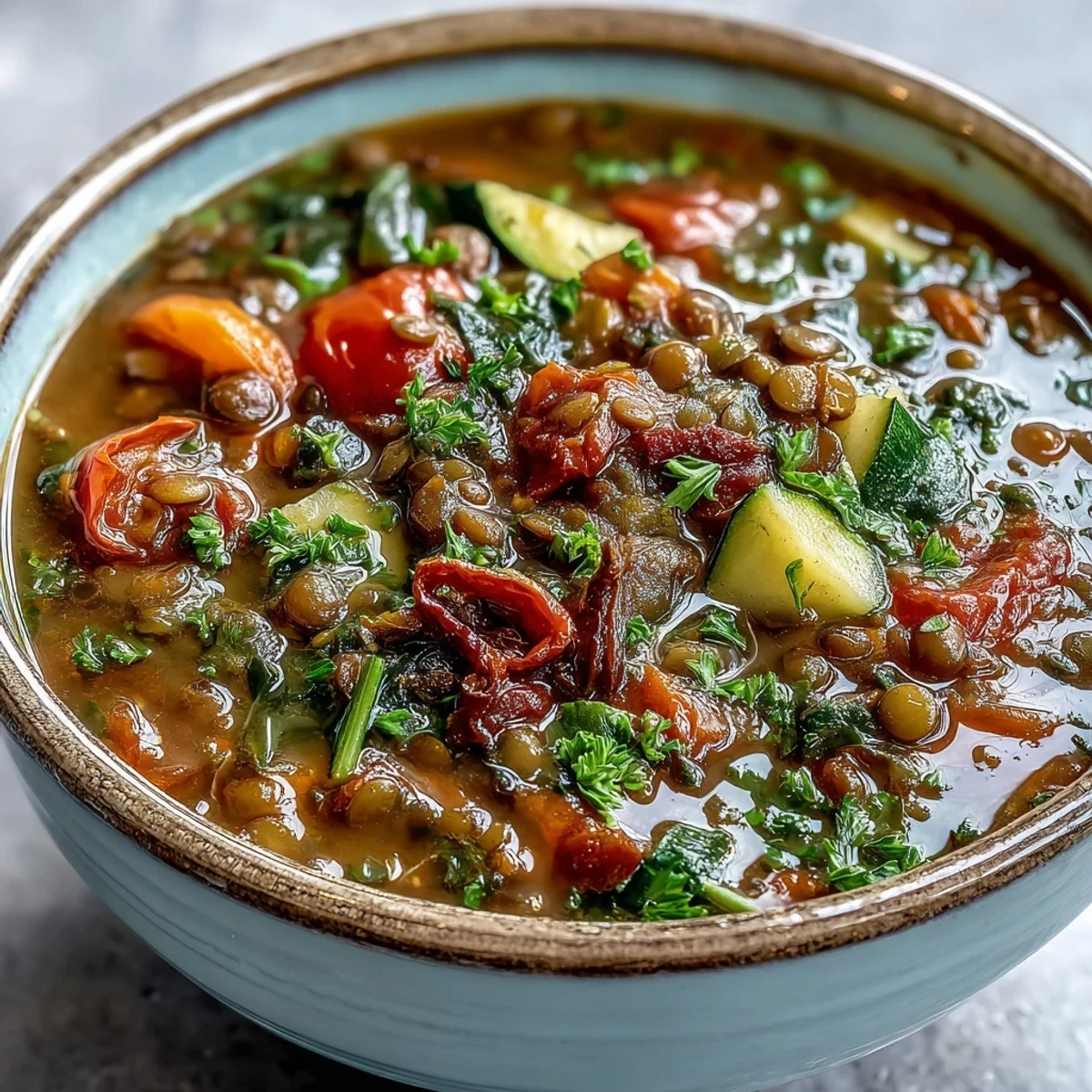 Hearty Lentil and Vegetable Soup with vibrant roasted vegetables, a comforting bowl.