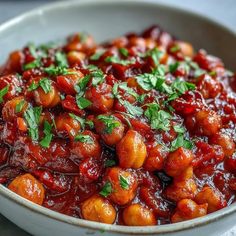 Hearty spicy chickpea stew, brimming with vibrant vegetables and fragrant spices.