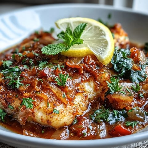 Tender cod fillets nestled in a colorful, aromatic sauce with bell peppers and fresh spinach, garnished with lemon slices for a bright finish.