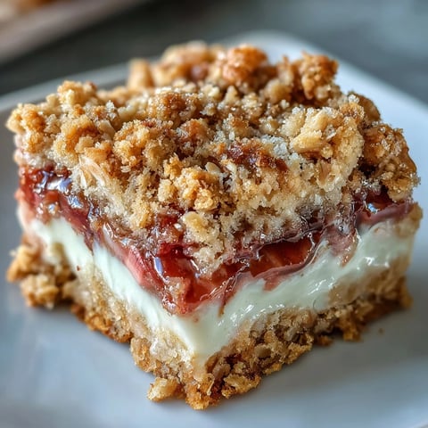 Overhead view of homemade Rhubarb and Custard Crumble Bars with a golden oat topping on a rustic wooden table.