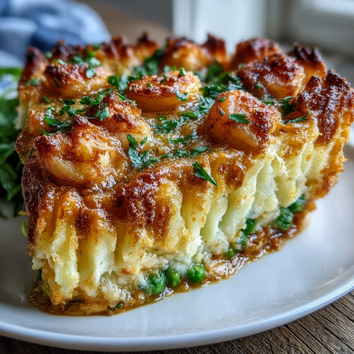 Golden, crispy mashed potato tops a creamy curried fish pie, served steaming in a baking dish.