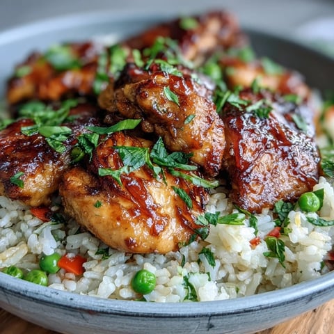 Skillet of One-Pan Bold Honey BBQ Chicken Rice with tender glazed chicken, fluffy rice, and vibrant steamed vegetables.