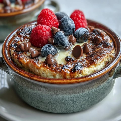 Freshly baked Baked Protein Pancake Bowl with golden edges and a fluffy center, topped with berries and peanut butter.