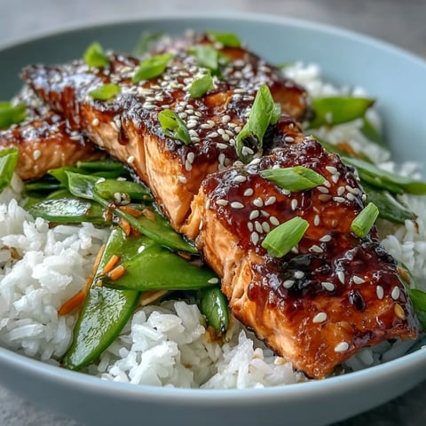 Glazed teriyaki salmon bowl with fluffy rice, crisp stir-fried vegetables, and sesame garnish.