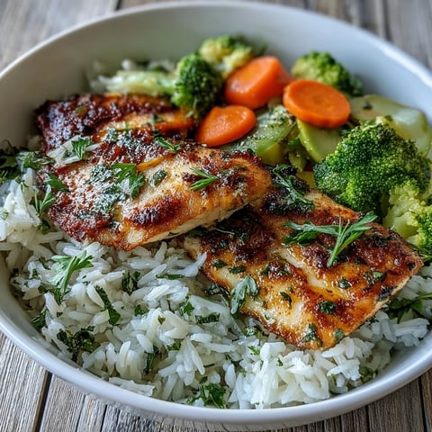 Freshly baked tilapia bowl with herb-seasoned fish, fluffy white rice, and vibrant steamed broccoli and carrots.