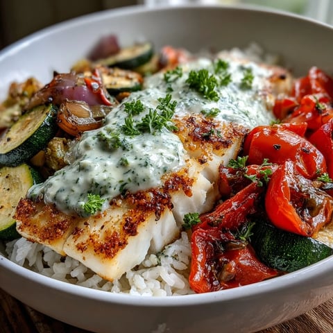 Flaky pan-seared fish bowl with fluffy rice and colorful roasted vegetables, drizzled with a bright lemon sauce for a fresh meal.
