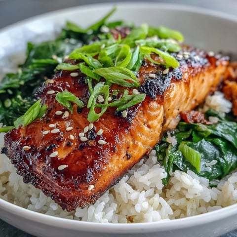 Glazed Miso Glazed Salmon Bowl with jasmine rice and sautéed spinach topped with green onions and sesame seeds.