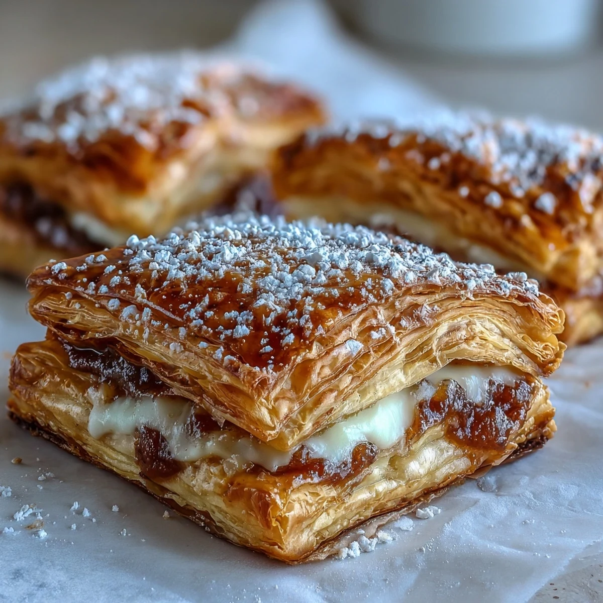 Freshly baked Guava Cheese Pastries cooling on a wire rack, with powdered sugar dusting over the golden, flaky crust.