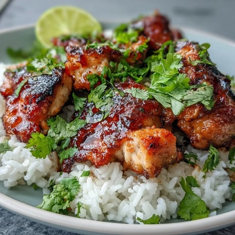 A plated Spicy Maple Chicken & Coconut Rice features glazed chicken with vibrant green cilantro and lime wedges over fluffy coconut rice.