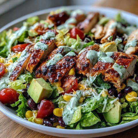 Freshly grilled chicken slices rest atop chopped romaine in the High Protein Southwest Chicken Salad, garnished with black beans and corn.