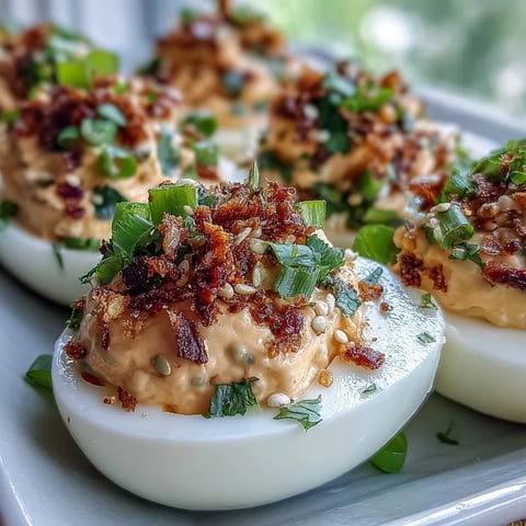 Spicy Chili Garlic Deviled Eggs garnished with fresh cilantro and toasted sesame seeds, perfect for a party appetizer.