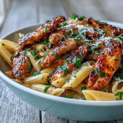 A close-up of plated Honey Pepper Chicken Pasta featuring glossy penne coated in sweet, peppery sauce, golden chicken strips, and fresh parsley garnish.