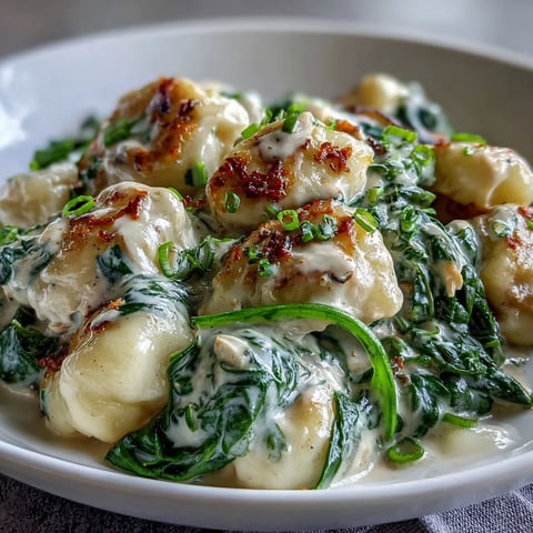 Creamy Spinach & Parmesan Gnocchi with Chicken served in a skillet with fresh spinach and a rich, garlic-infused sauce.