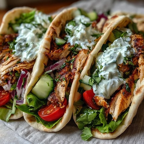Warm Greek Chicken Pita Pockets stuffed with grilled chicken, cucumber tomato salad, and yogurt sauce on a plate.