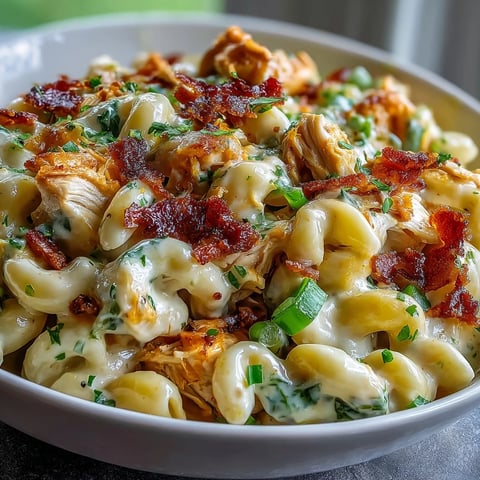 Creamy Jalapeño Popper Chicken Pasta topped with crispy bacon and fresh chives in a white bowl.