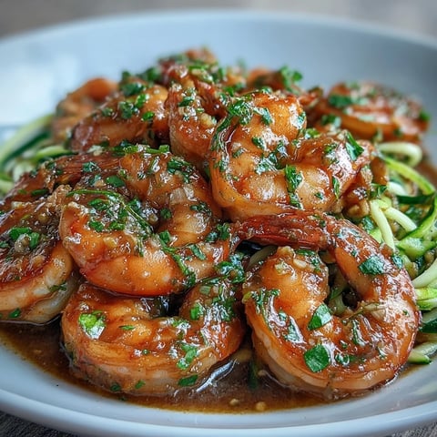 Keto garlic butter shrimp over zucchini noodles in a skillet with fresh herbs and lemon.