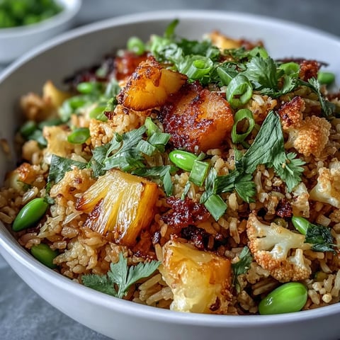 Colorful vegan pineapple fried rice with cauliflower and edamame, featuring vibrant pineapple chunks and crisp vegetables in a savory stir-fry.