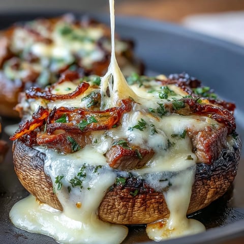 Savory keto Philly cheesesteak stuffed portobello mushrooms loaded with juicy steak, sautéed peppers, and melted provolone cheese.