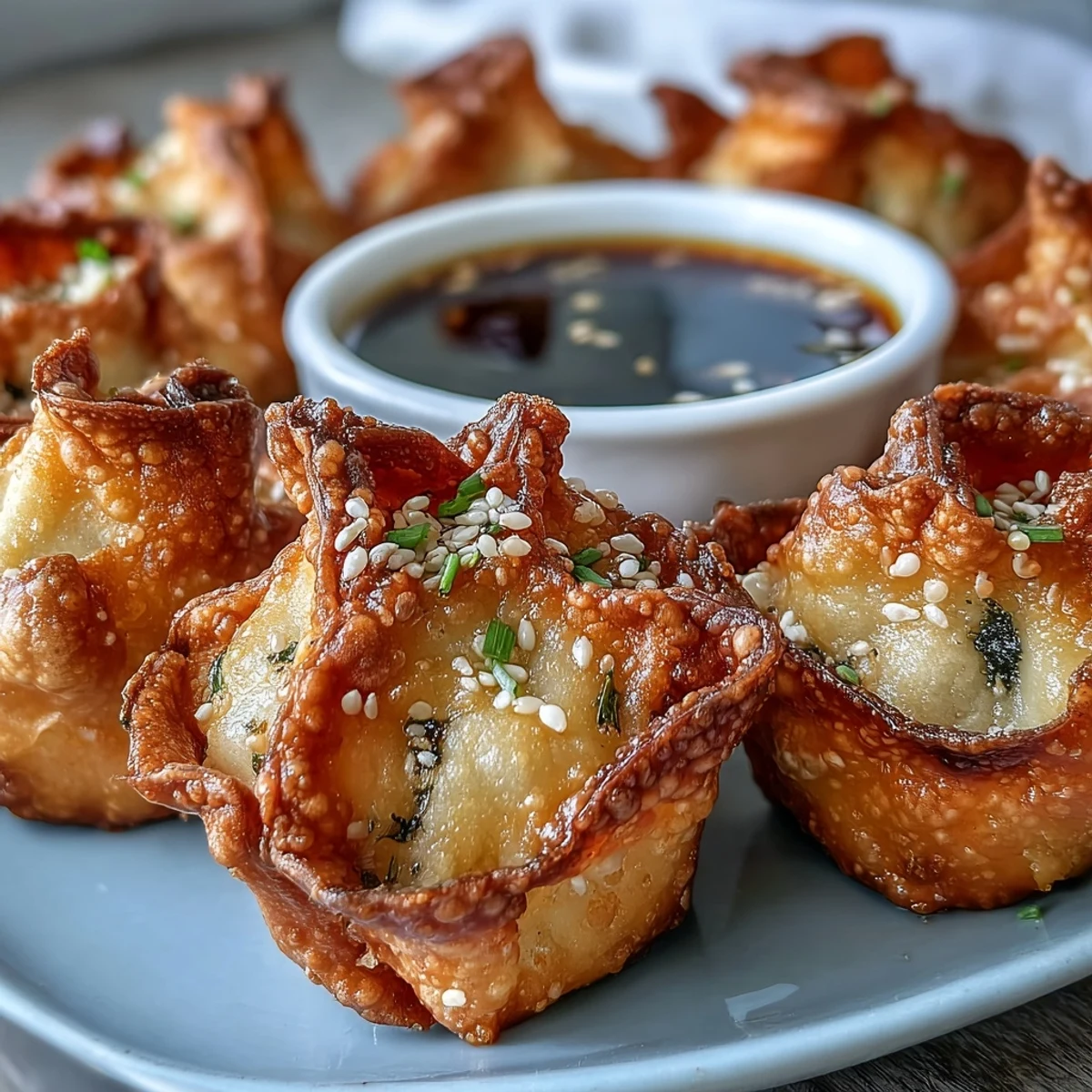 Crispy golden chicken dumplings air-fried to perfection, served with savory sesame soy dipping sauce.  