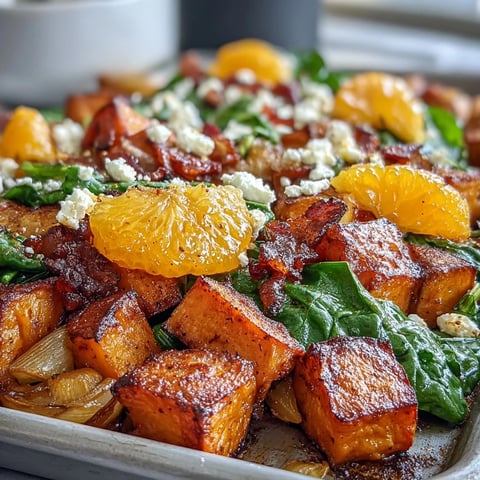 Sweet potato and orange sheet pan breakfast hash with roasted vegetables and citrus segments.